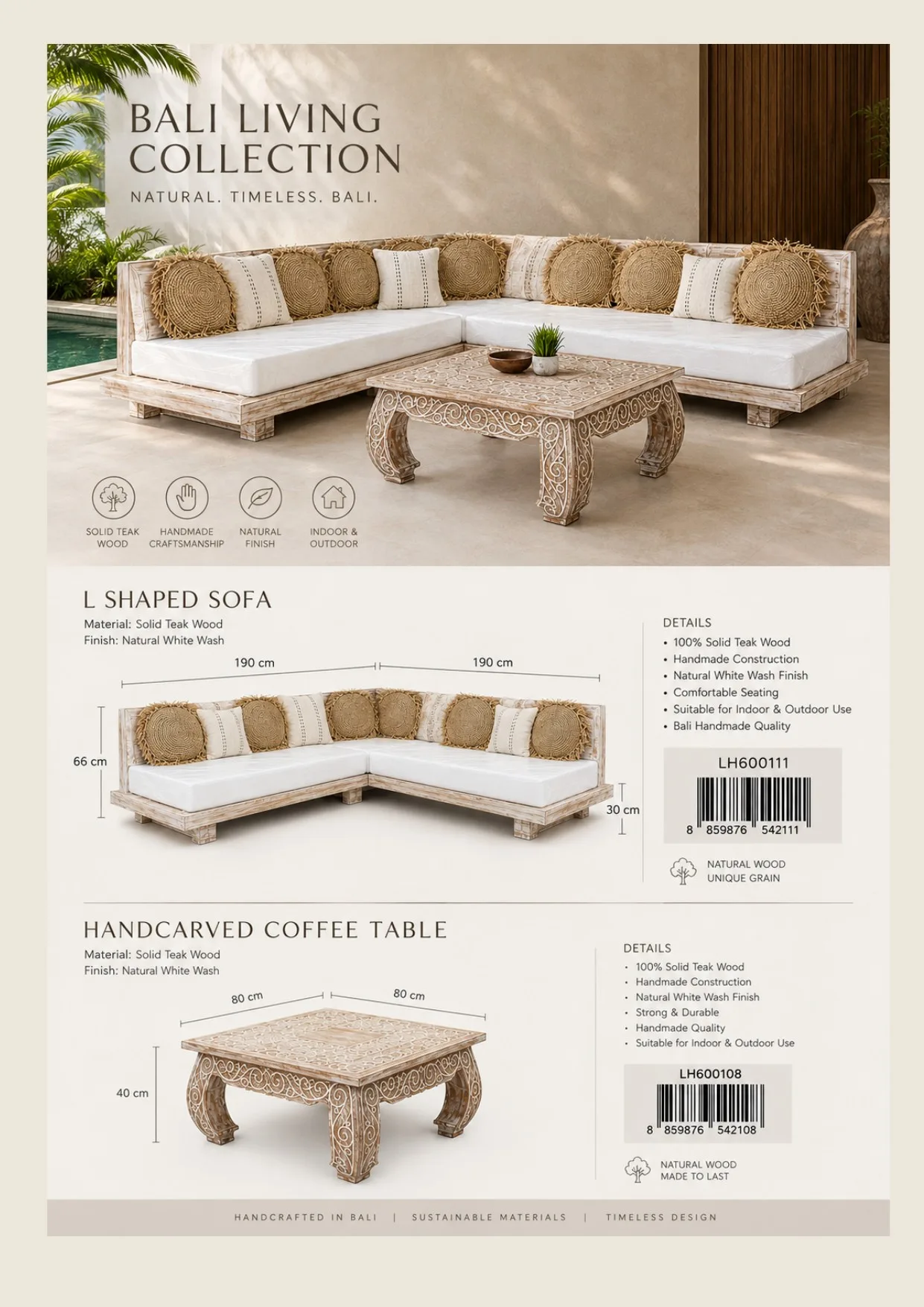 Complete catalog page showing Bali Living Teak L-Shaped Sofa & Coffee Table