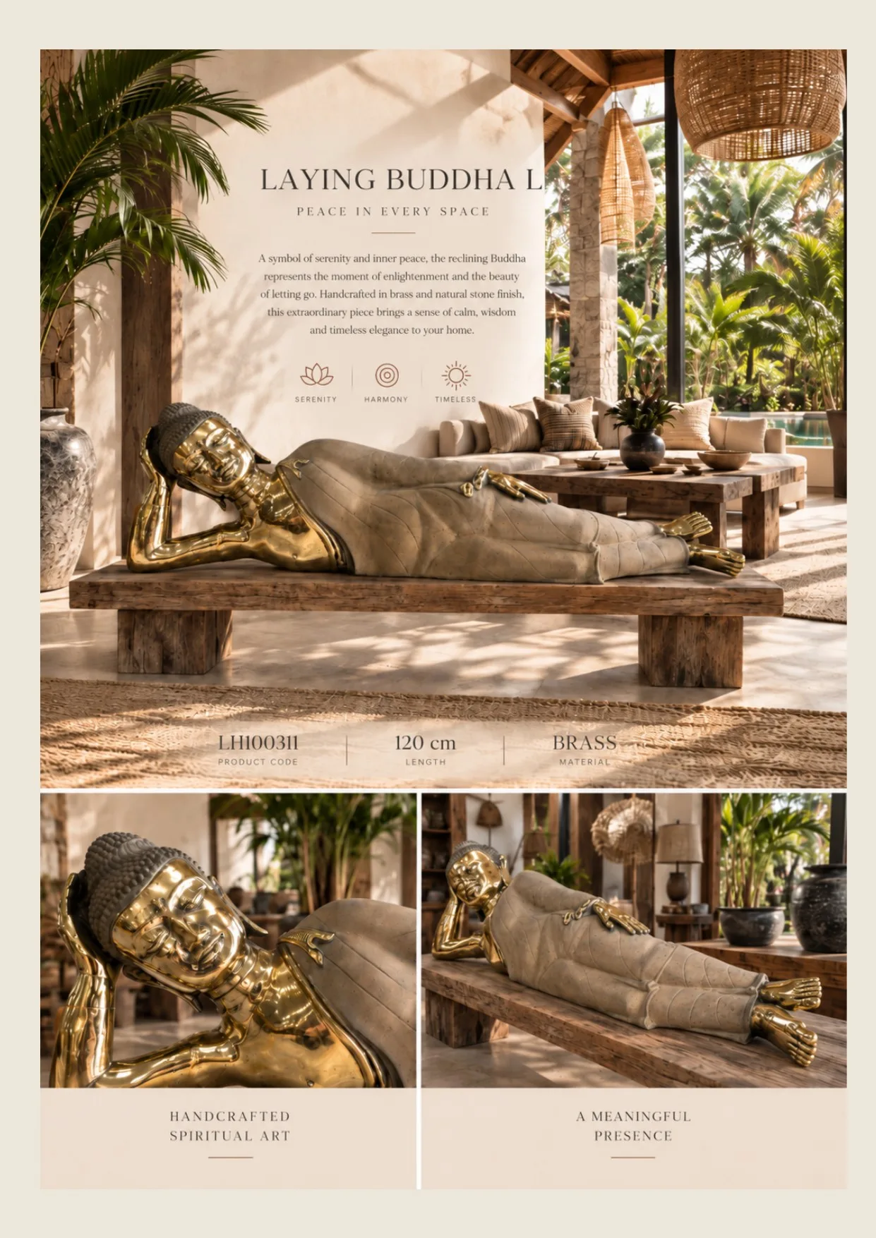 Complete catalog page showing Reclining Buddha Brass Sculpture