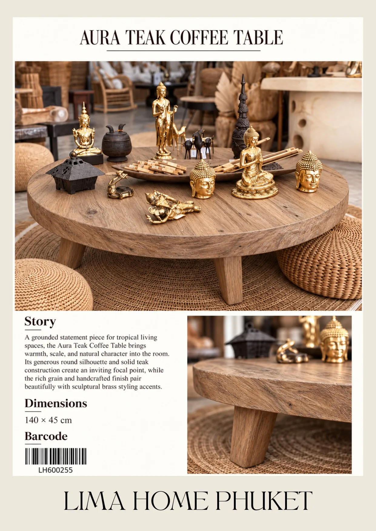 Complete catalog page showing Aura Teak Coffee Table