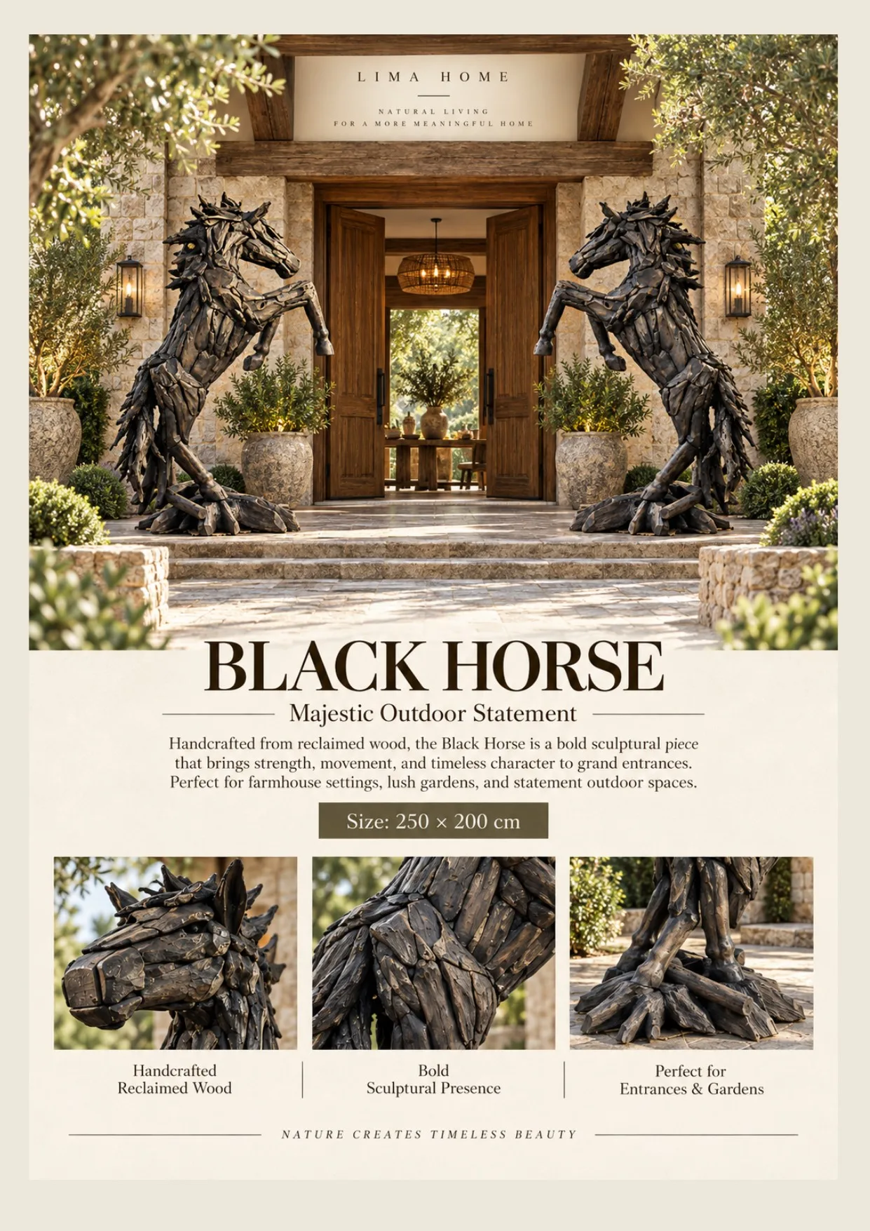 Complete catalog page showing Black Horse Reclaimed Wood Sculpture
