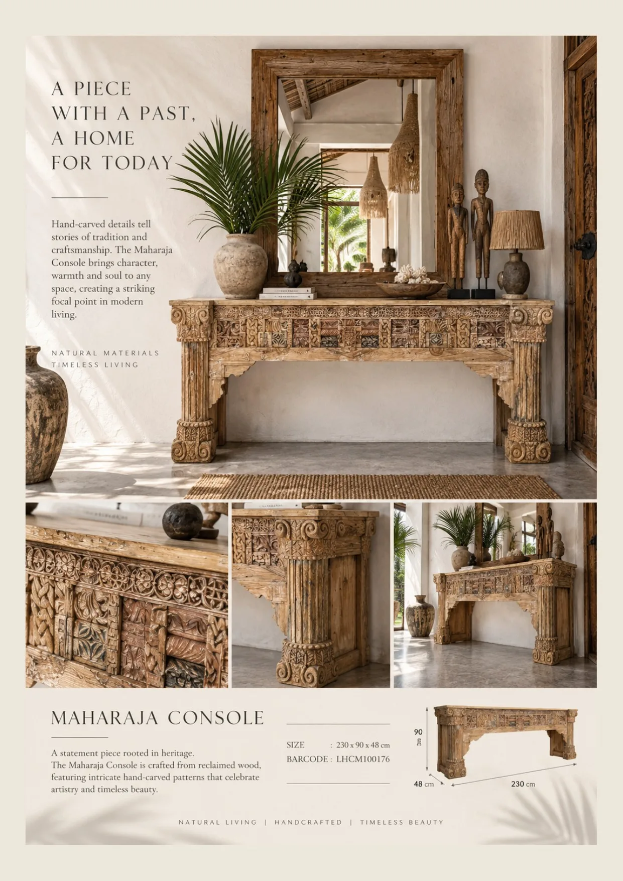 Complete catalog page showing Maharaja Carved Wood Console