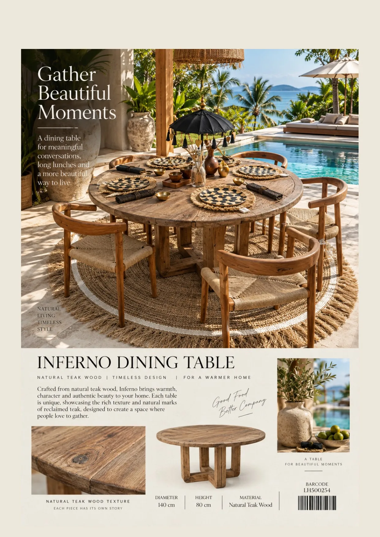 Complete catalog page showing Inferno Reclaimed Teak Dining Table
