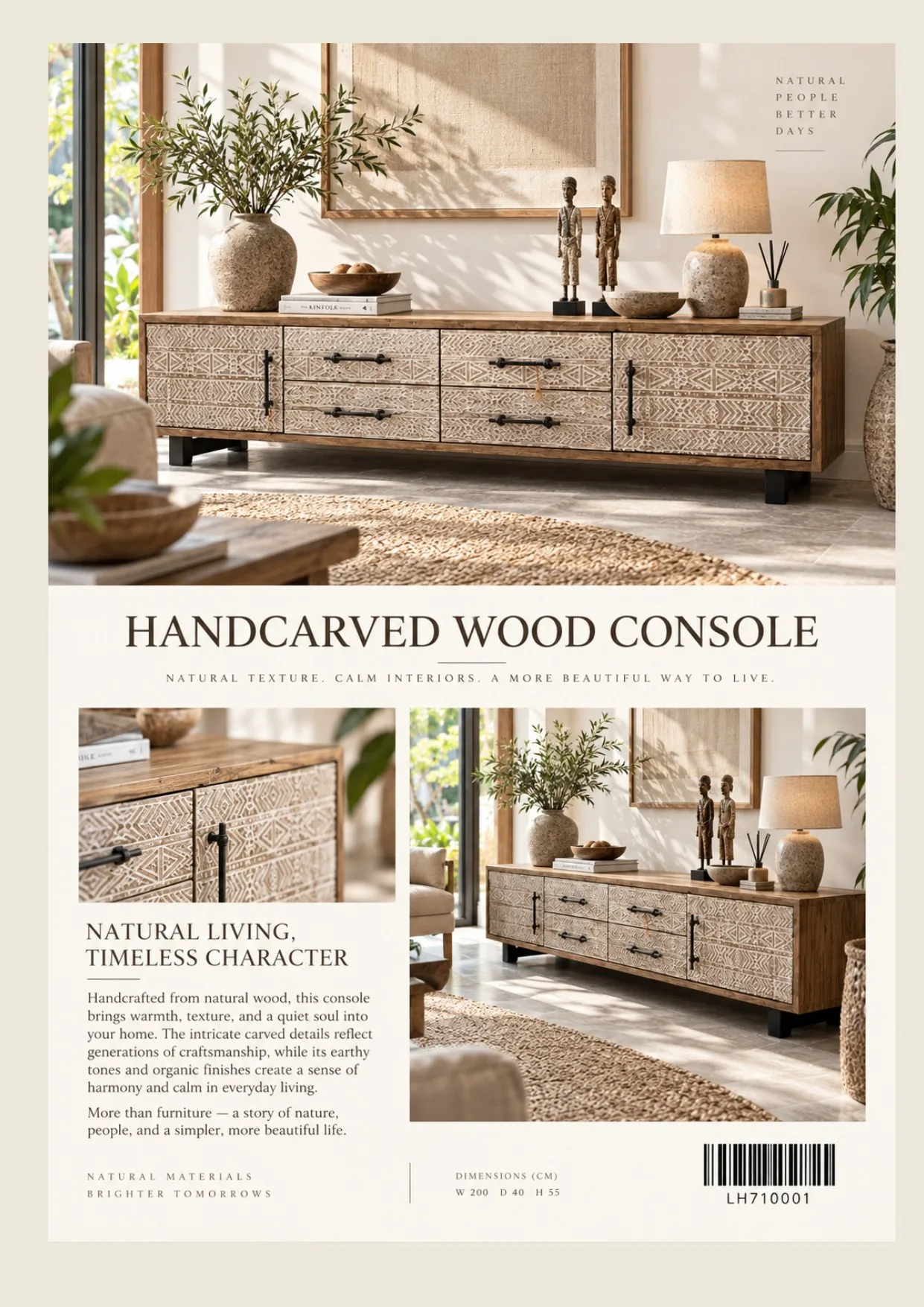 Complete catalog page showing Handcarved Wood Console