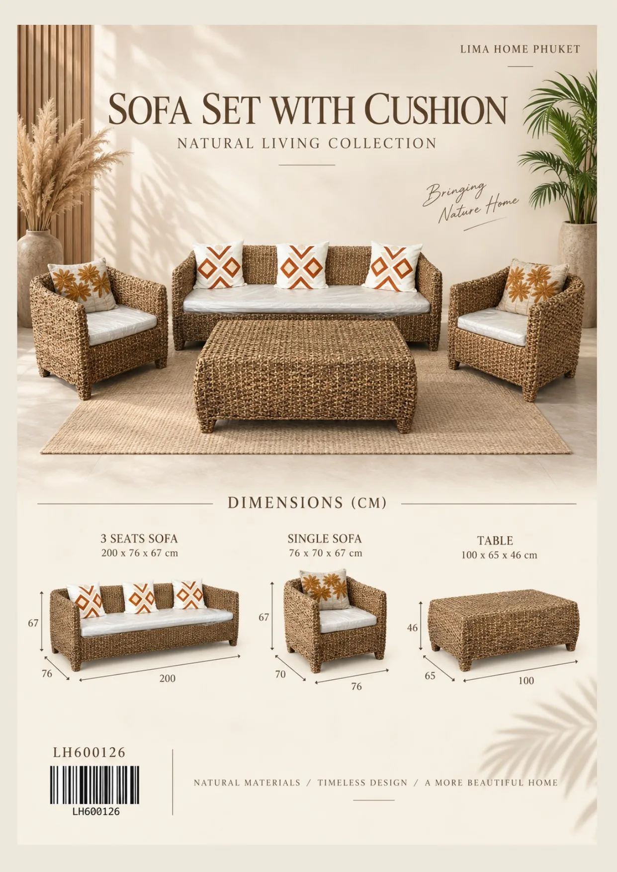 Complete catalog page showing Natural Teak Living Sofa Set with Cushion