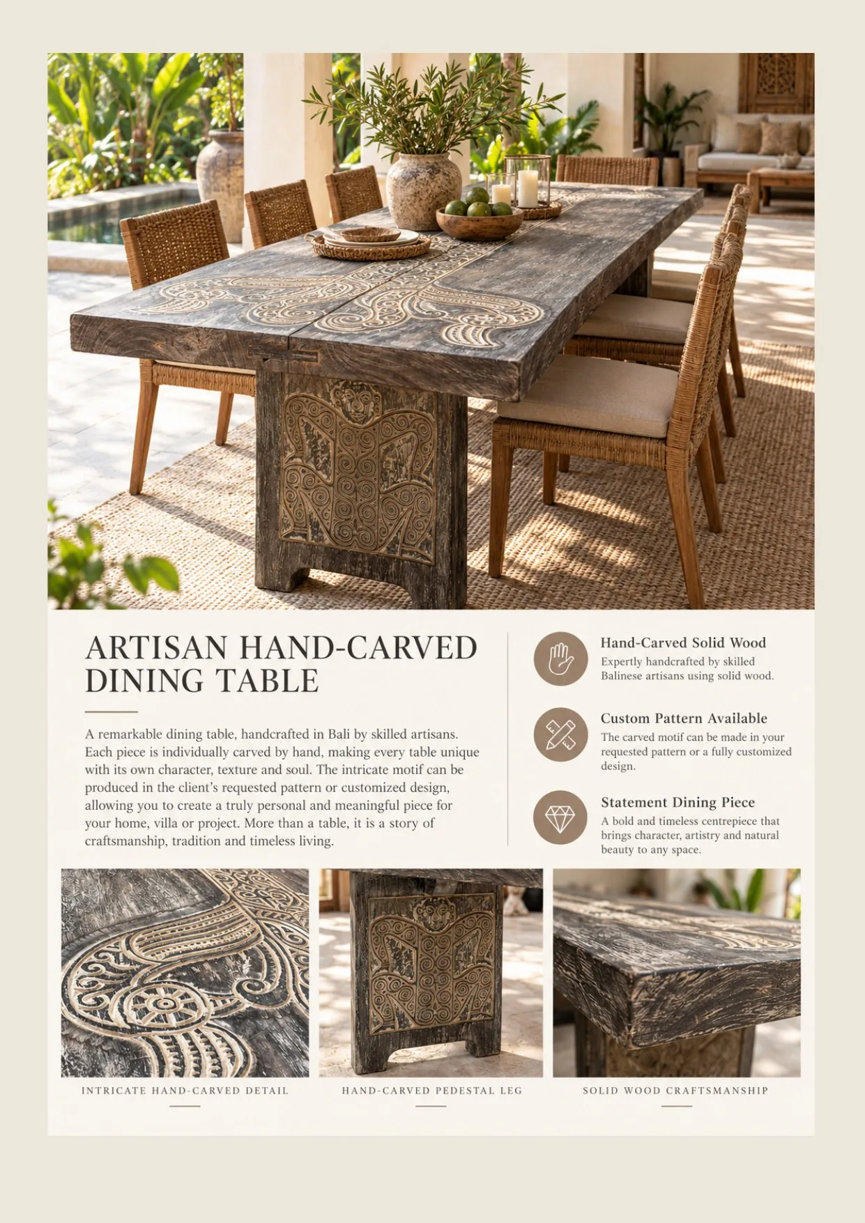 Complete catalog page showing Artisan Hand-Carved Dining Table