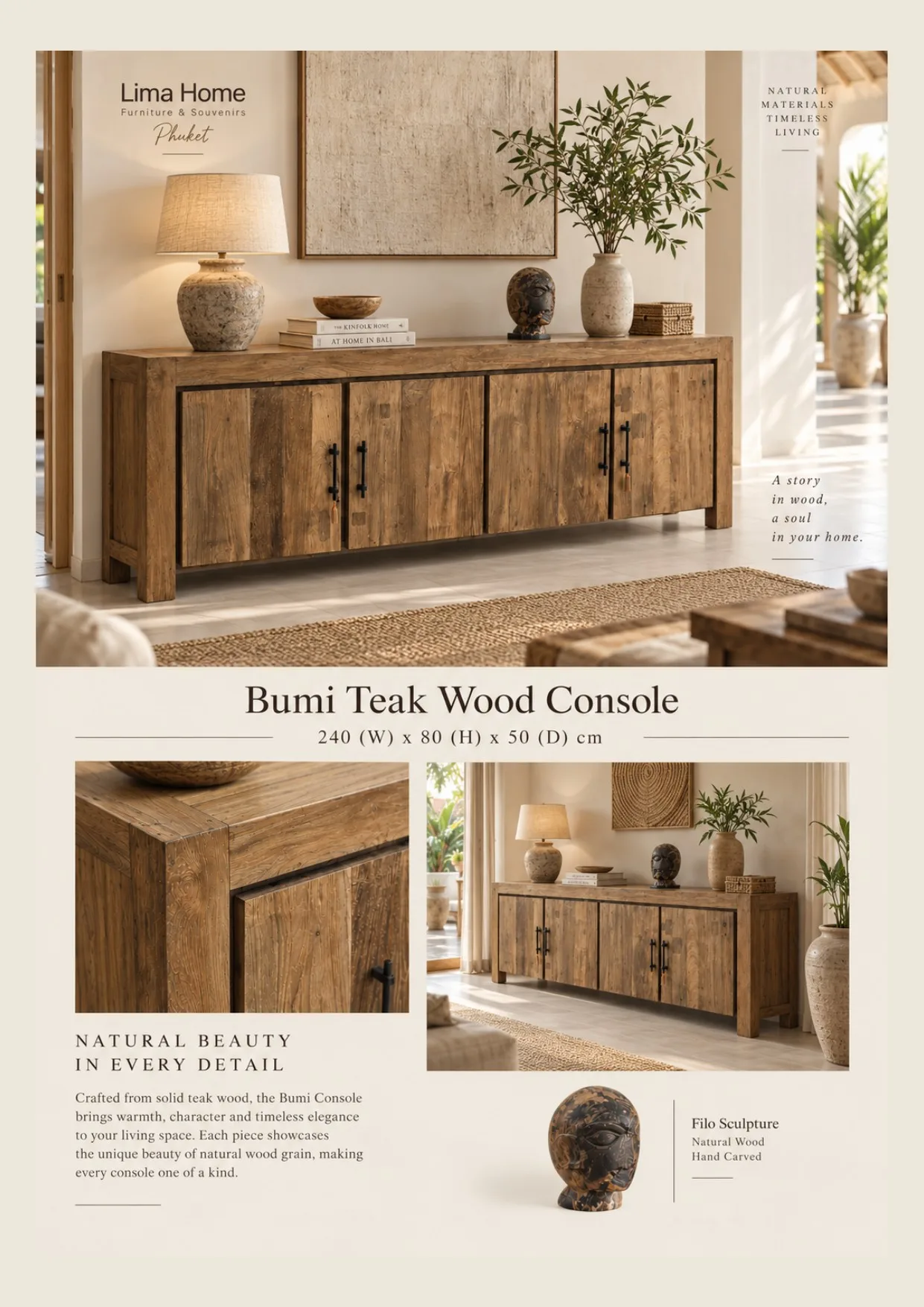 Complete catalog page showing Artisan Carved Teak Sideboard