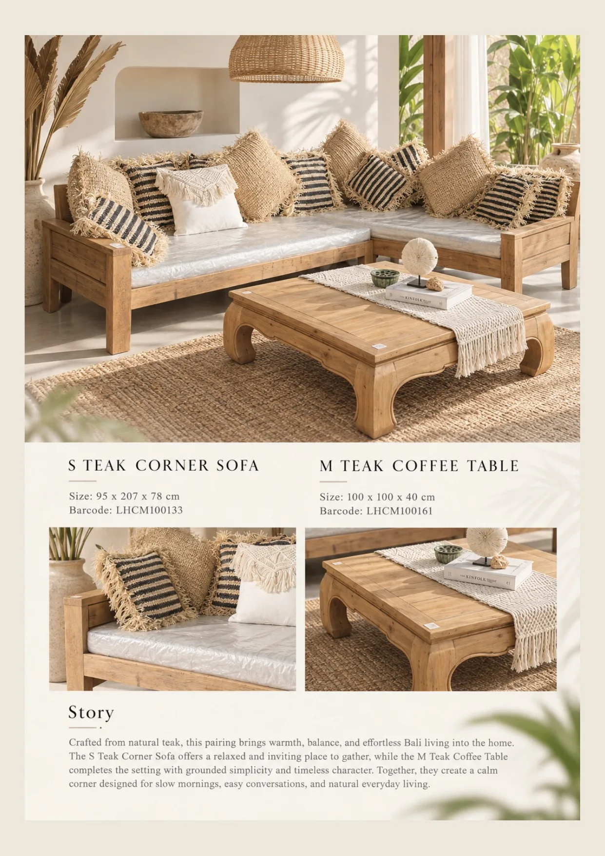 Complete catalog page showing Teak Corner Sofa & Coffee Table Set
