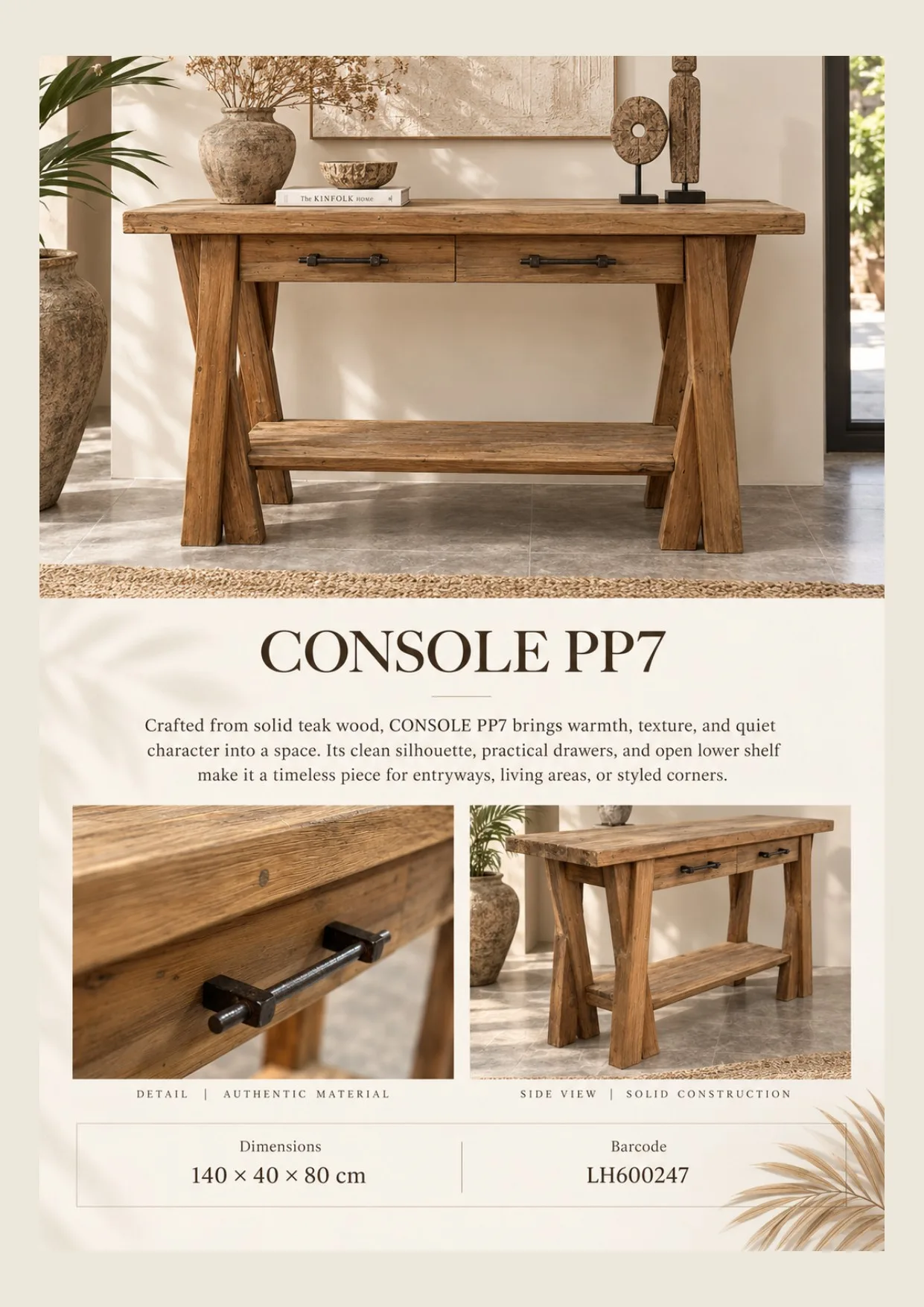 Complete catalog page showing PP7 Teak Console Table