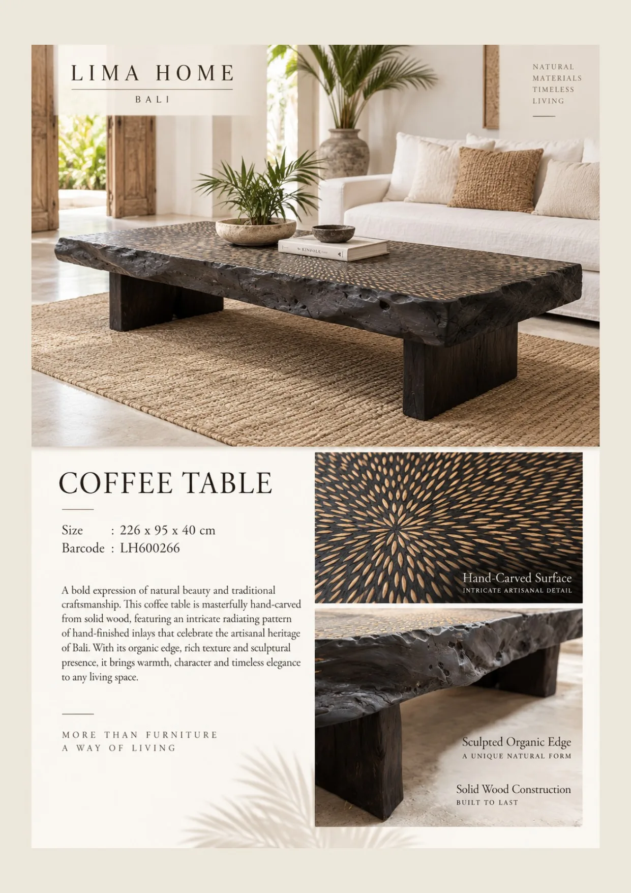Complete catalog page showing Natural Solid Wood Coffee Table