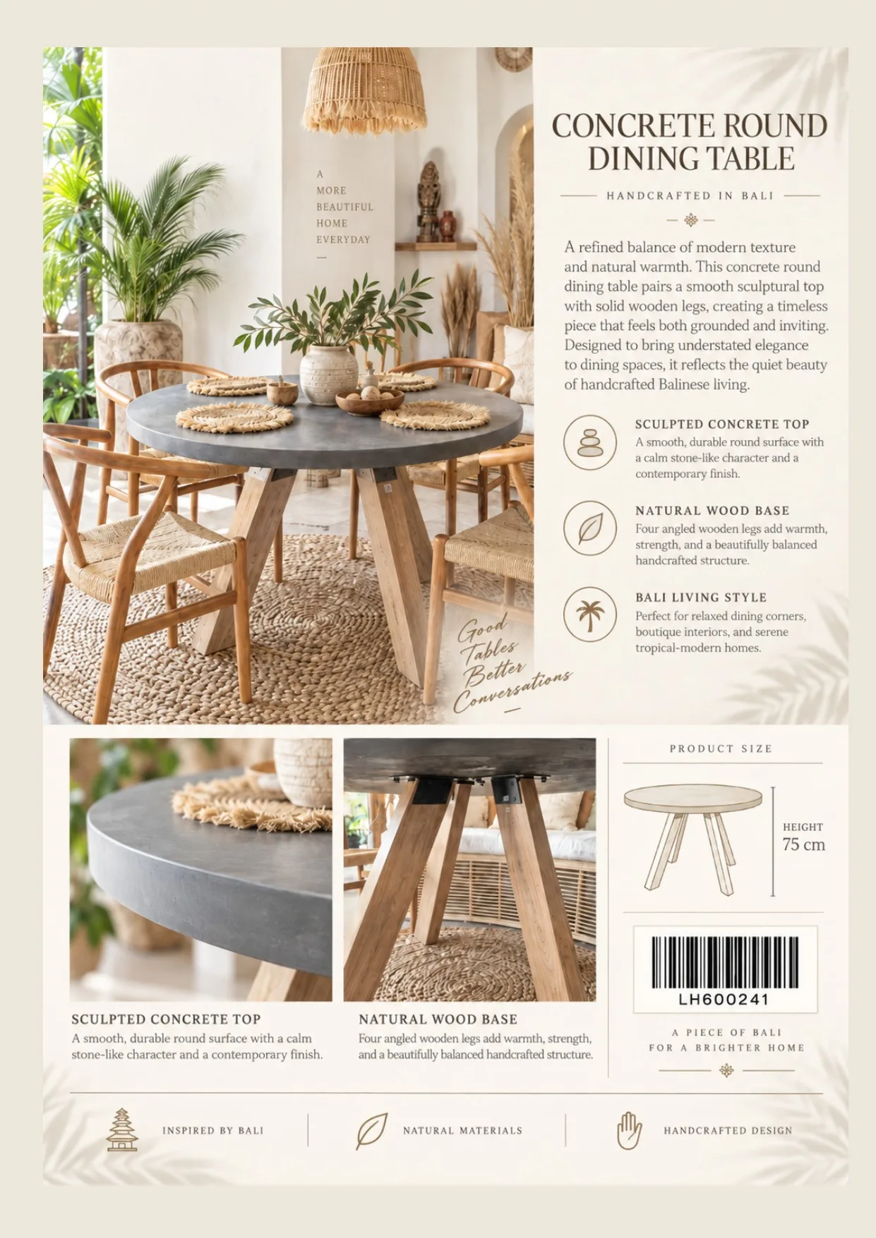 Complete catalog page showing Concrete Round Dining Table & Armchairs