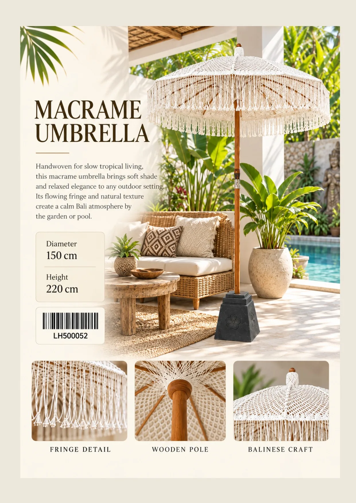 Complete catalog page showing Handcrafted Macrame Patio Umbrella