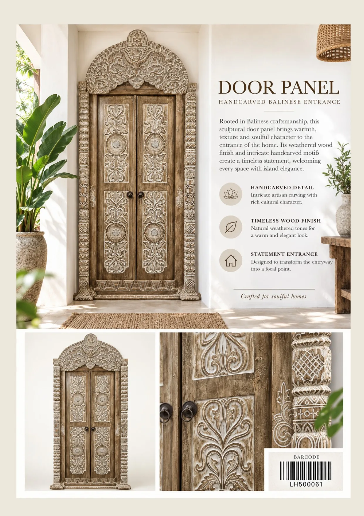 Complete catalog page showing Handcarved Balinese Door Panel