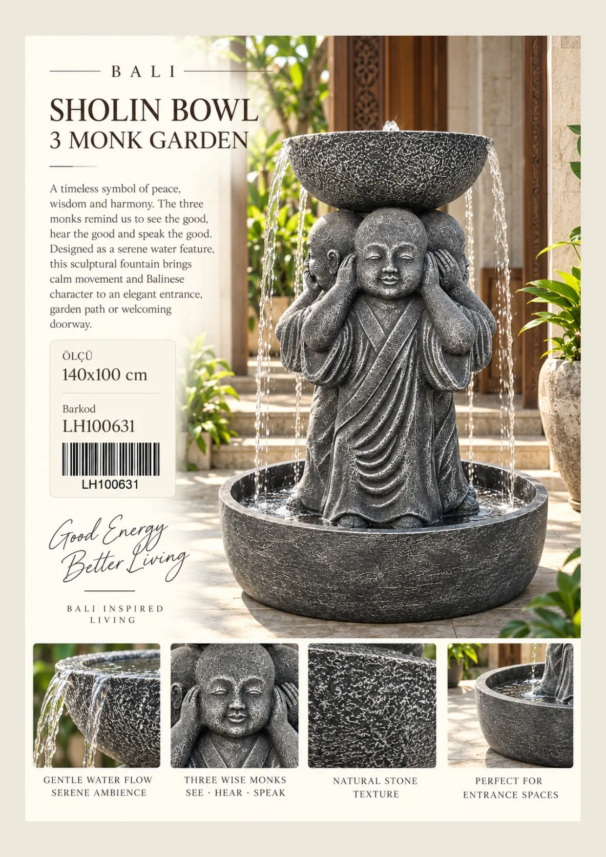 Complete catalog page showing Shaolin Bowl & 3 Monks Garden Sculpture