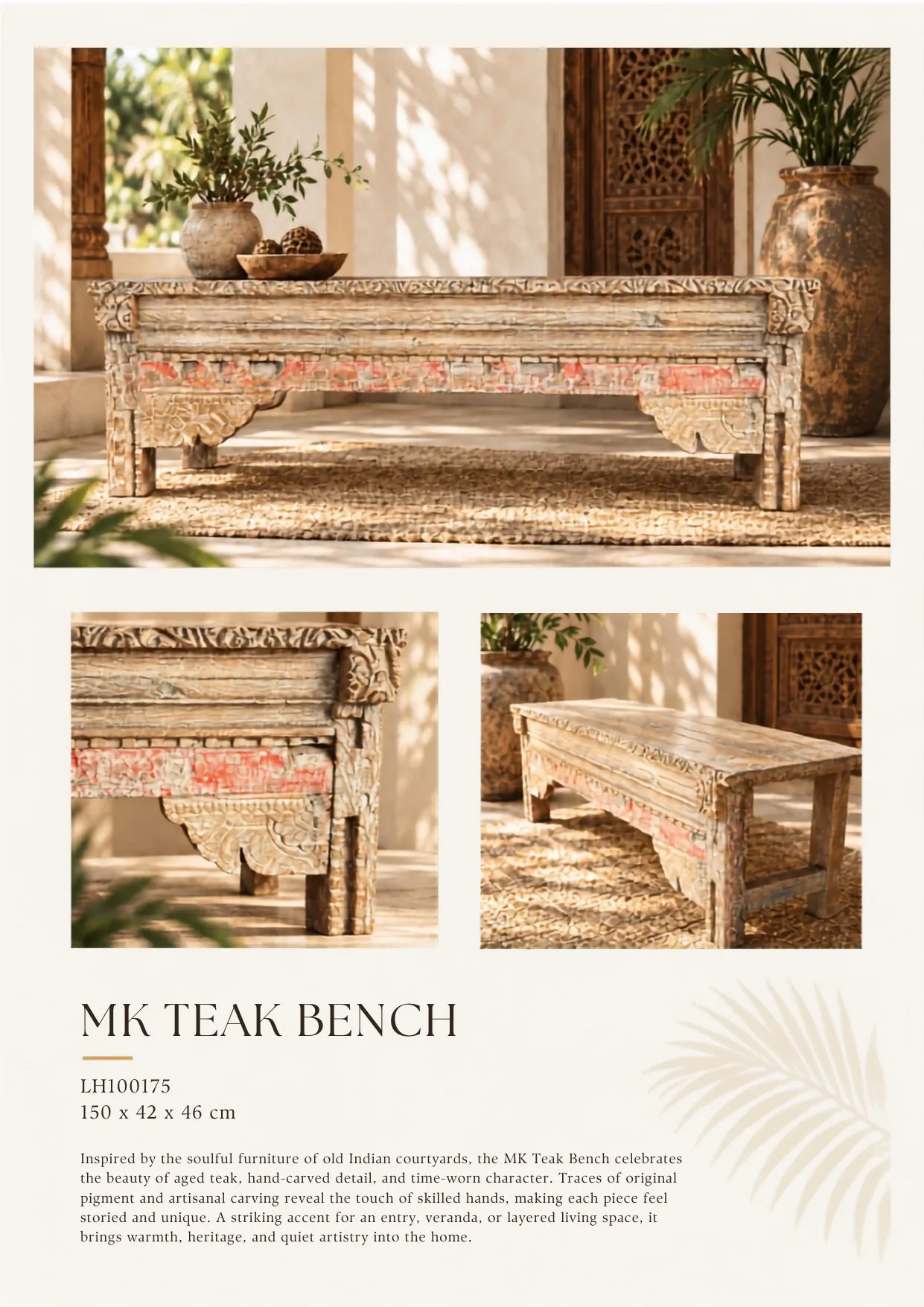Complete catalog page showing MK Hand-Carved Teak Bench