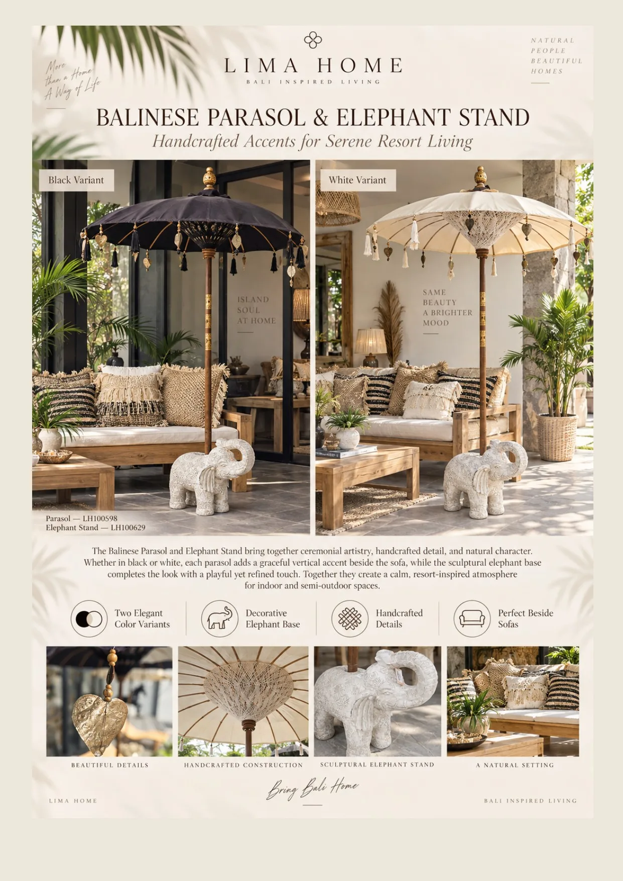 Complete catalog page showing Balinese Macrame Parasol & Elephant Stand