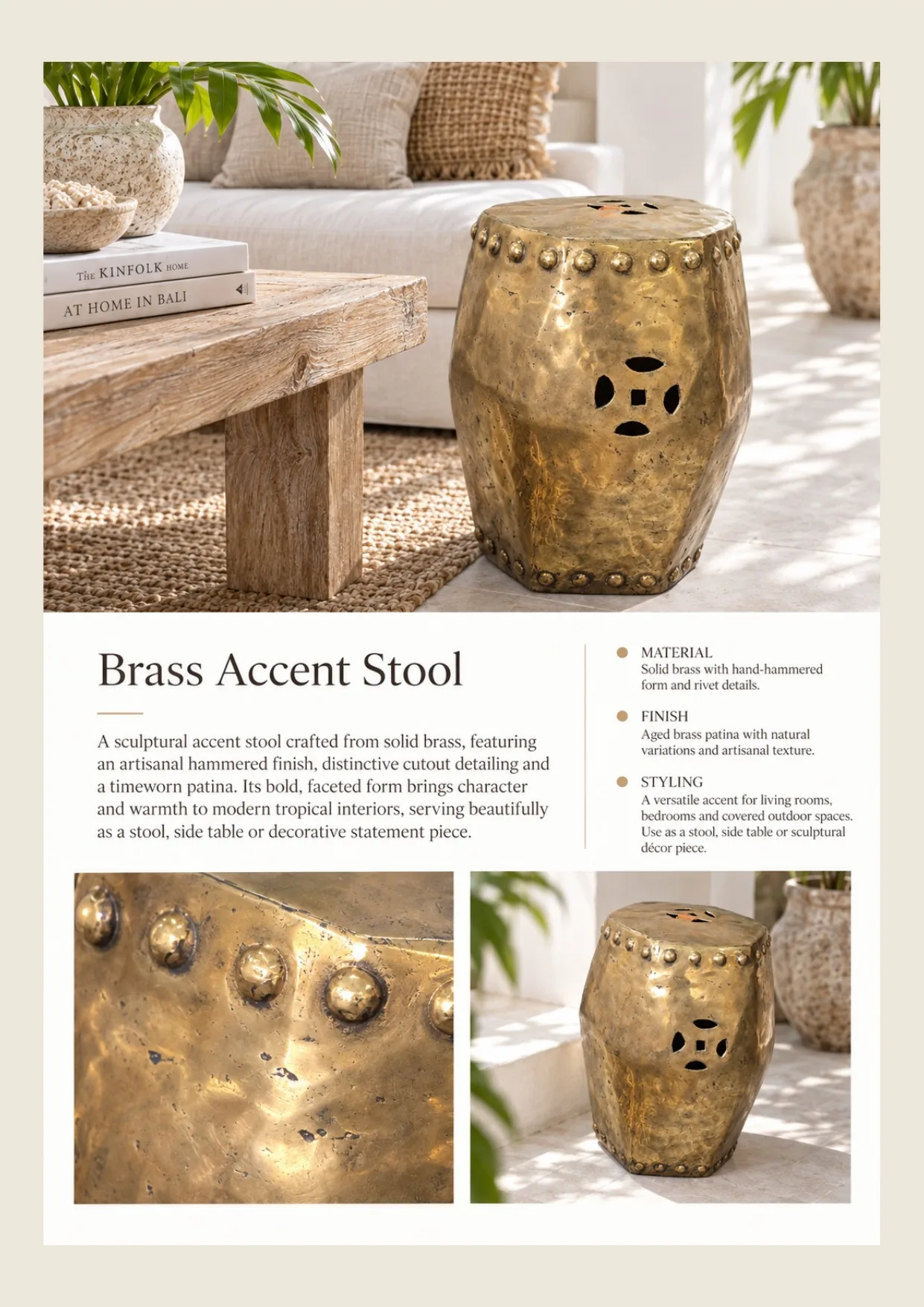 Complete catalog page showing Brass Accent Stool