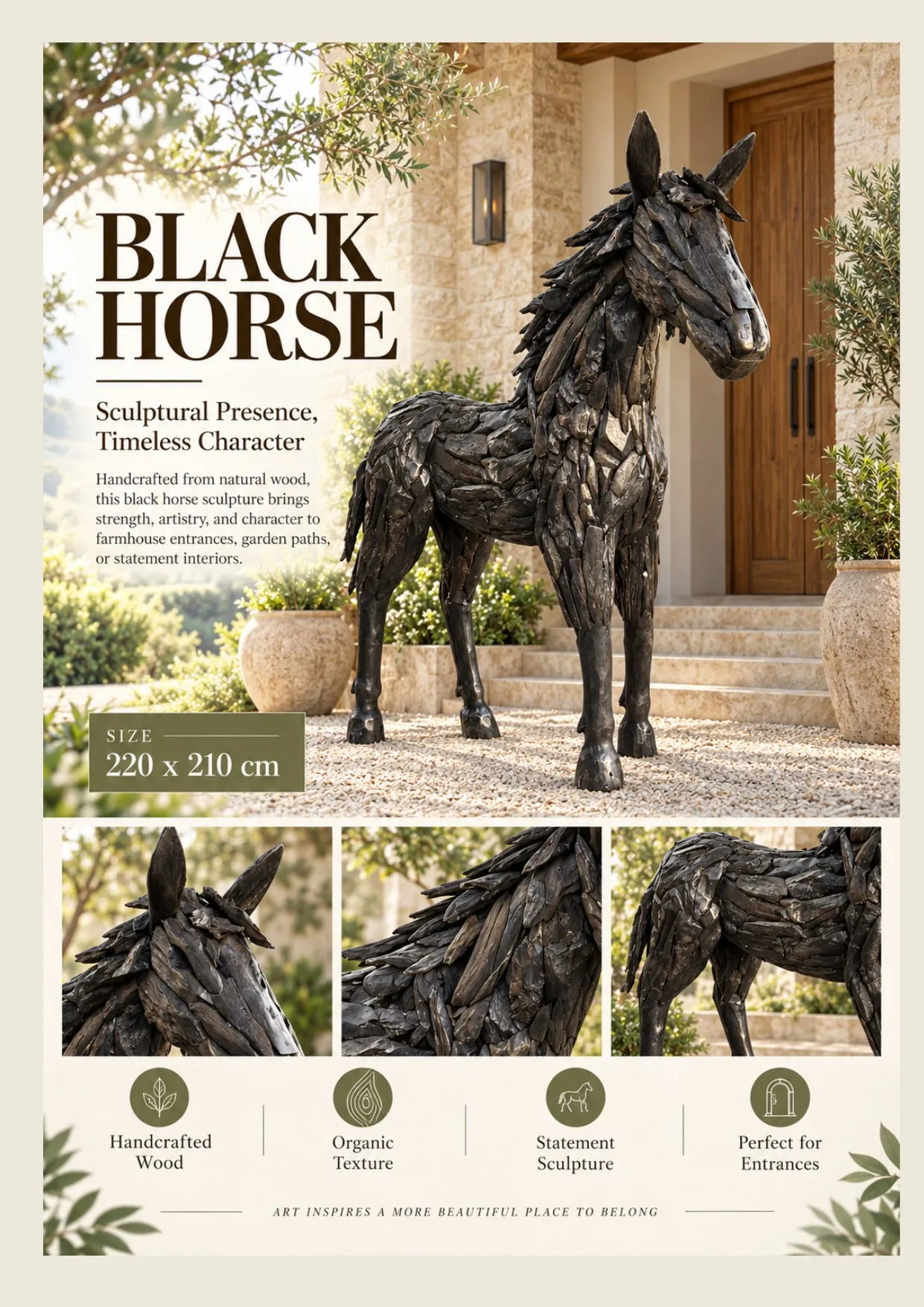 Complete catalog page showing Black Horse Reclaimed Wood Sculpture