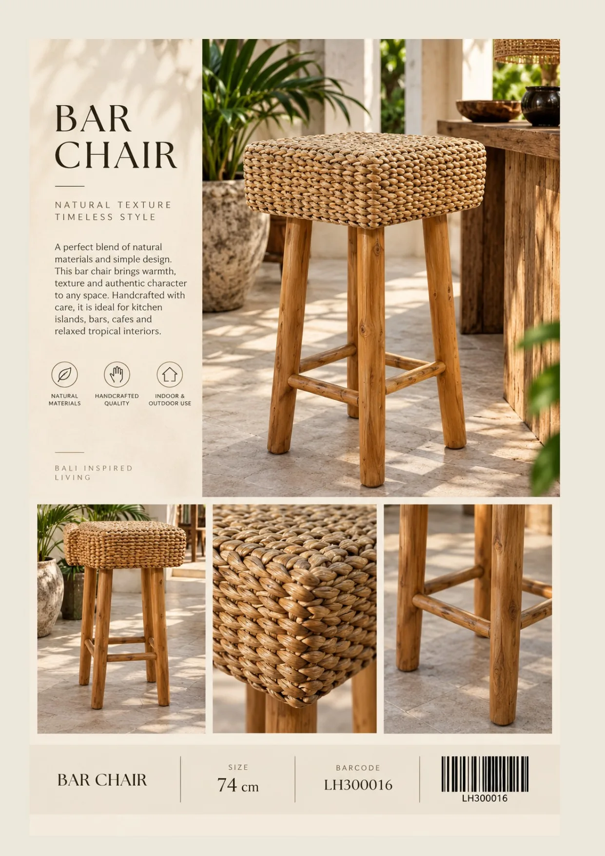 Complete catalog page showing Natural Woven Bar Chair