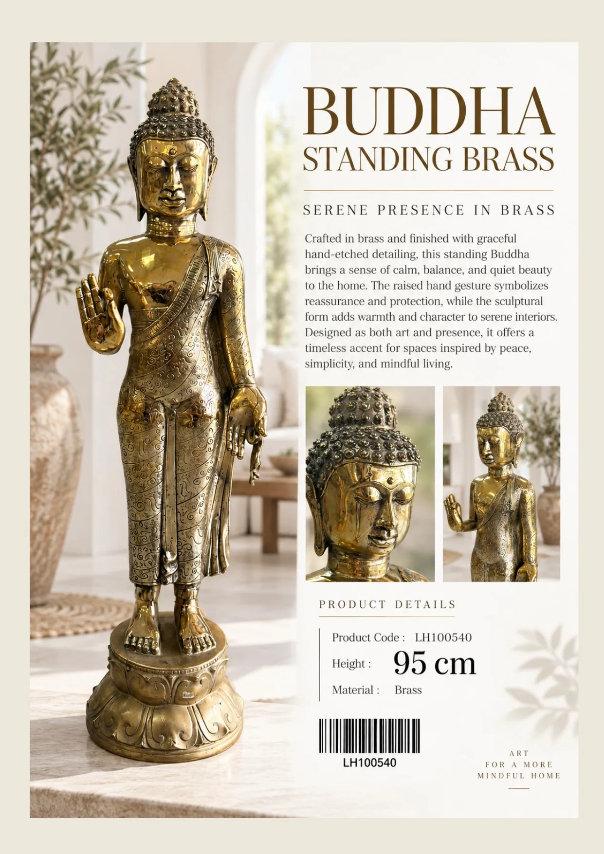 Complete catalog page showing Standing Brass Buddha Sculpture