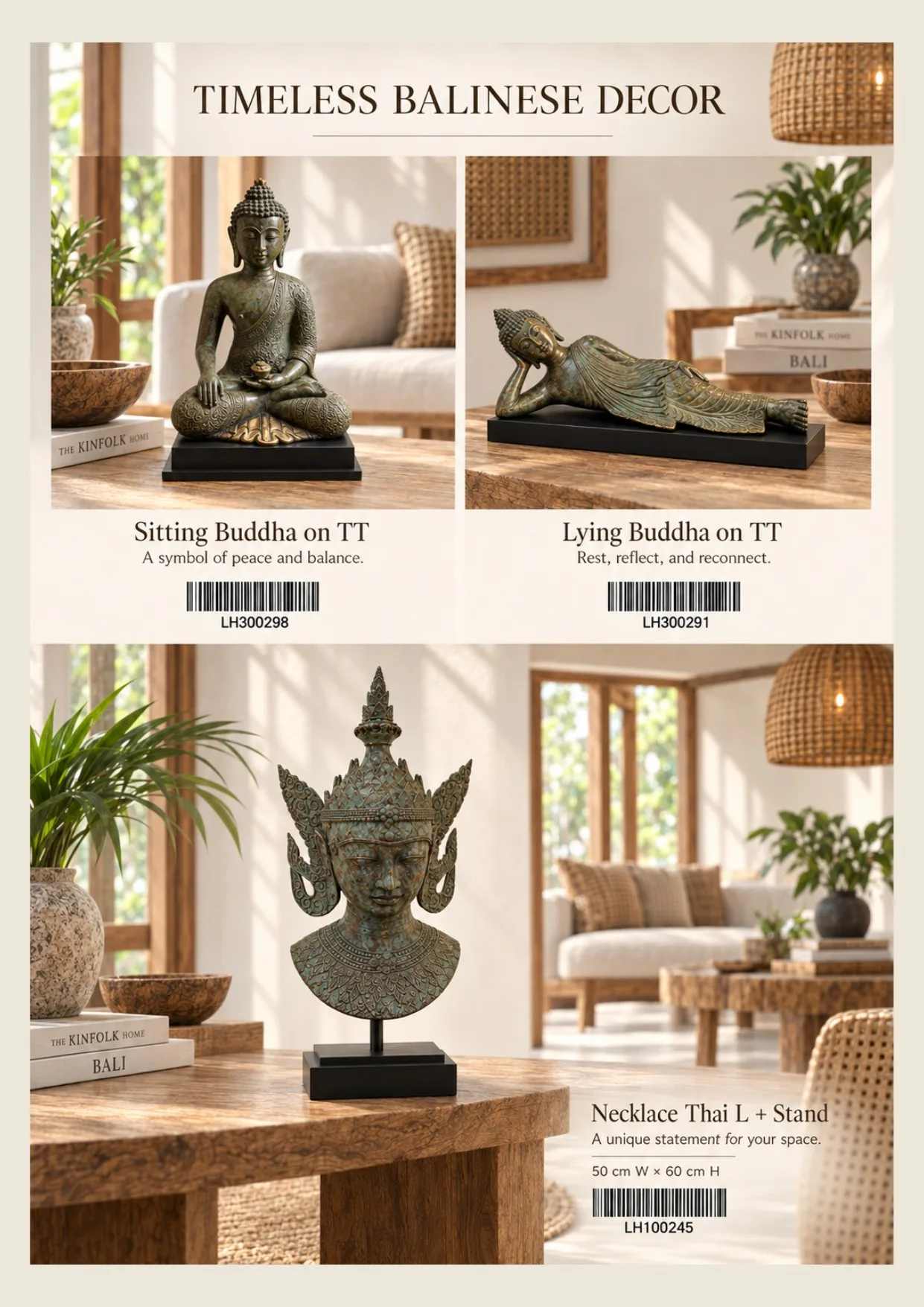 Complete catalog page showing Balinese Meditation Buddha Statues