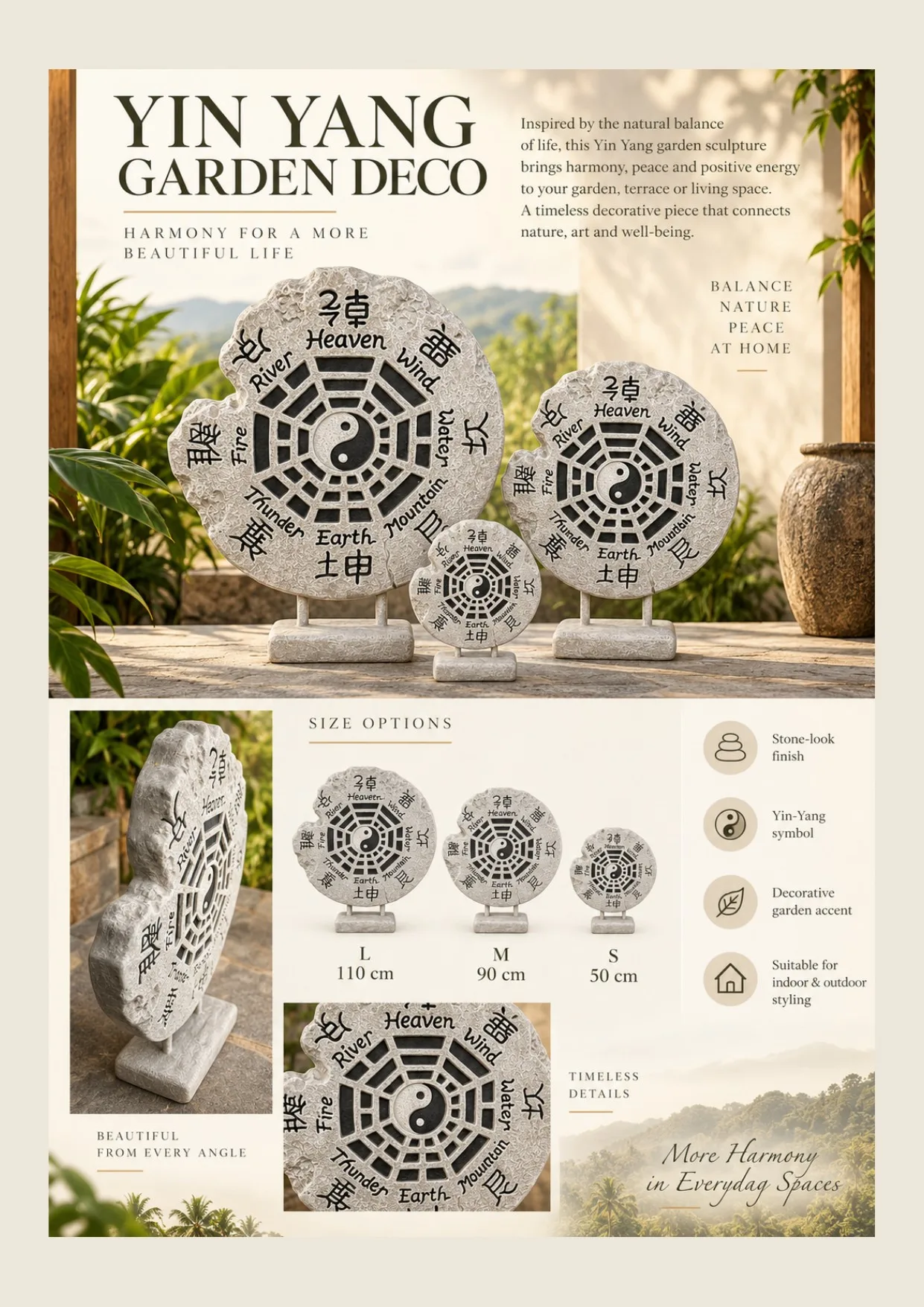 Complete catalog page showing Yin Yang Handcarved Garden Sculpture