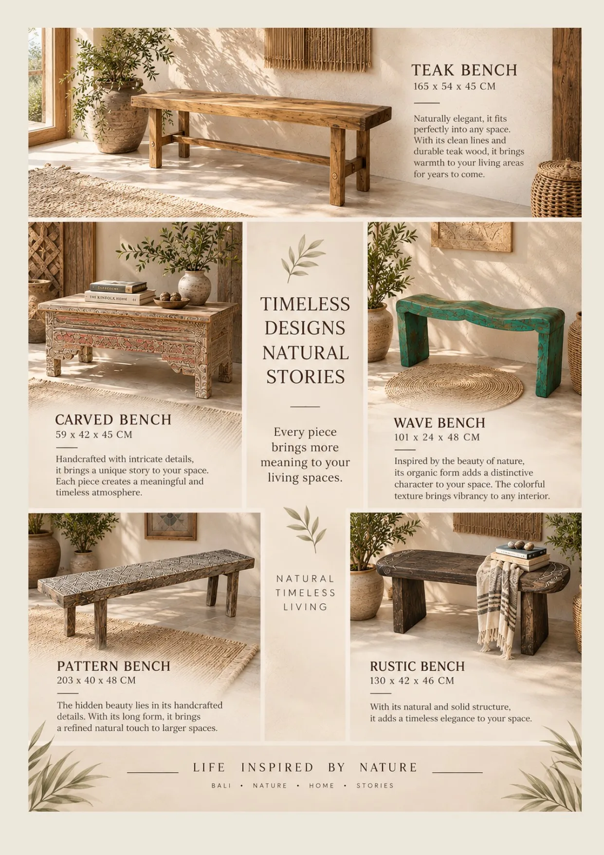 Complete catalog page showing Solid Teak Low Bench Table