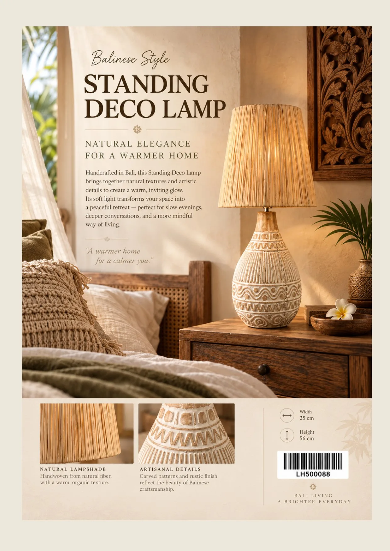 Complete catalog page showing Balinese Standing Bedside Table Lamp