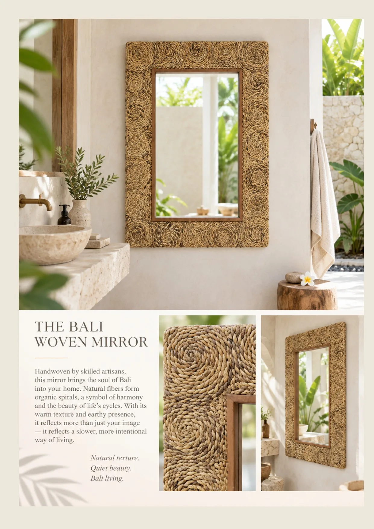 Complete catalog page showing Bali Woven Natural Wall Mirror
