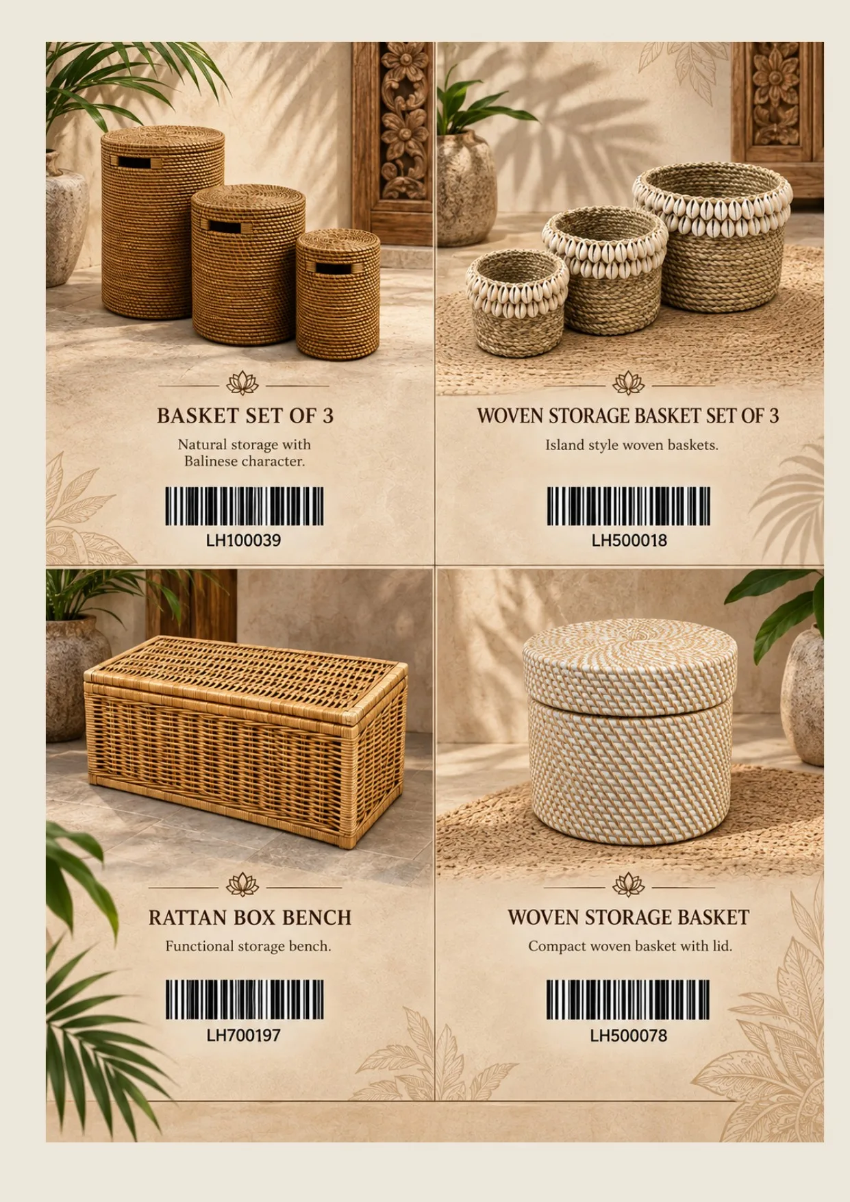 Complete catalog page showing Woven Bamboo Storage Box Set of 3