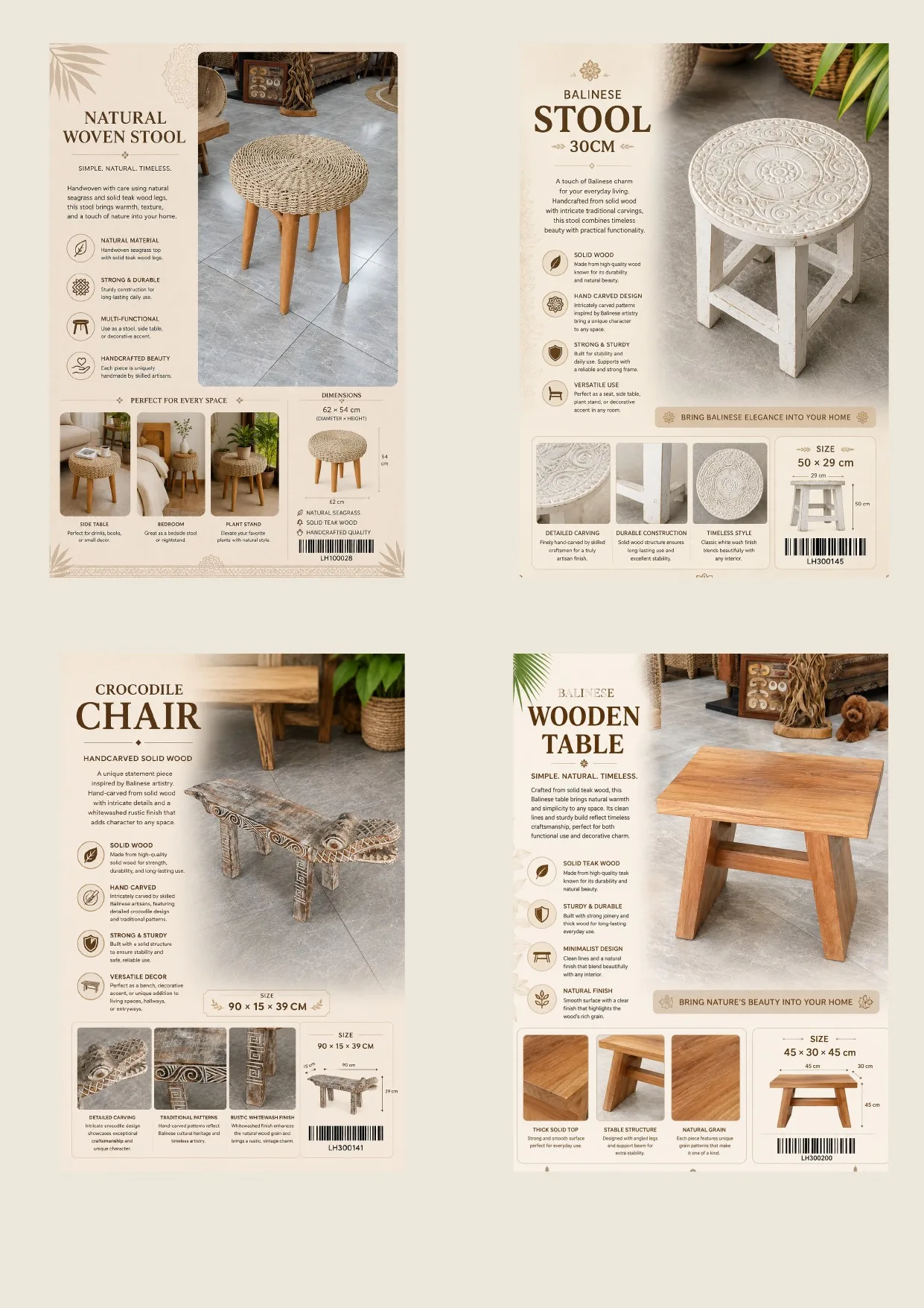 Complete catalog page showing Natural Woven Solid Wood Stool