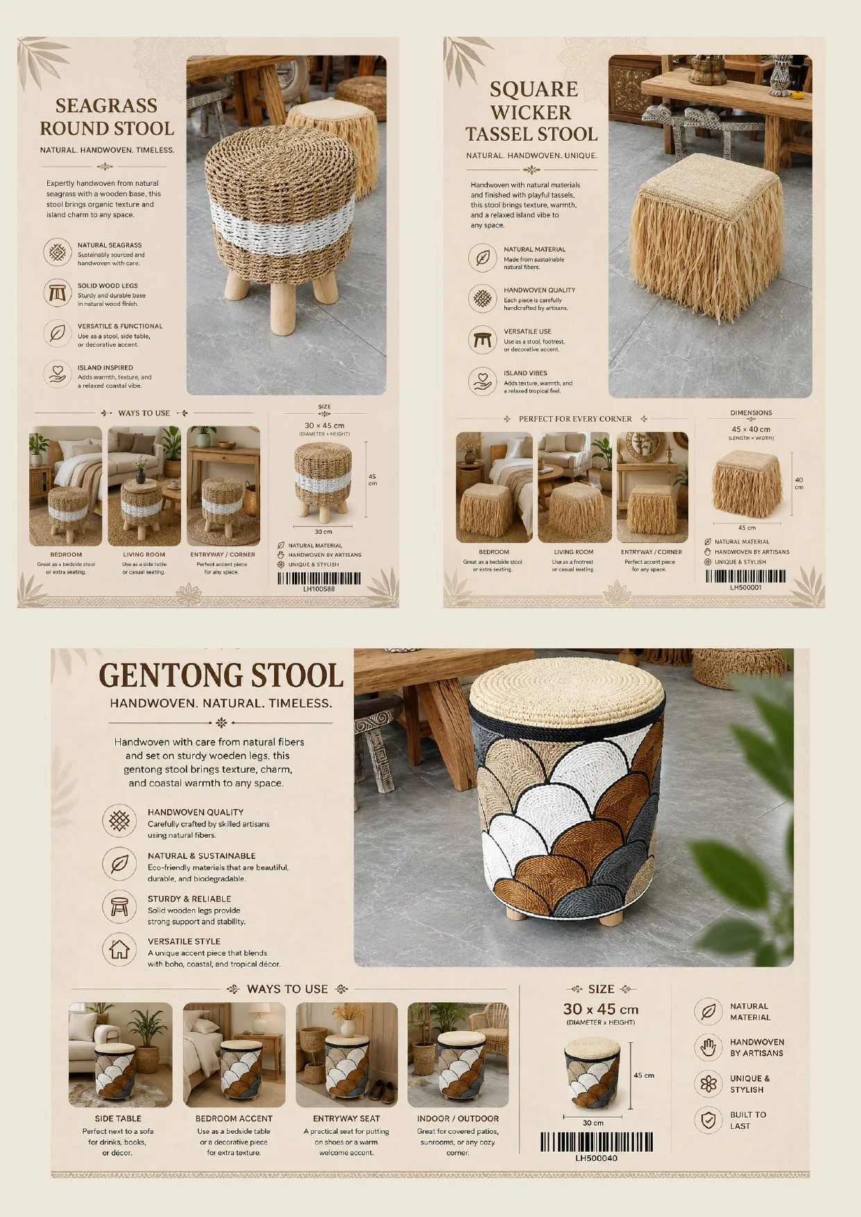 Complete catalog page showing Square Wicker Tassel Stool