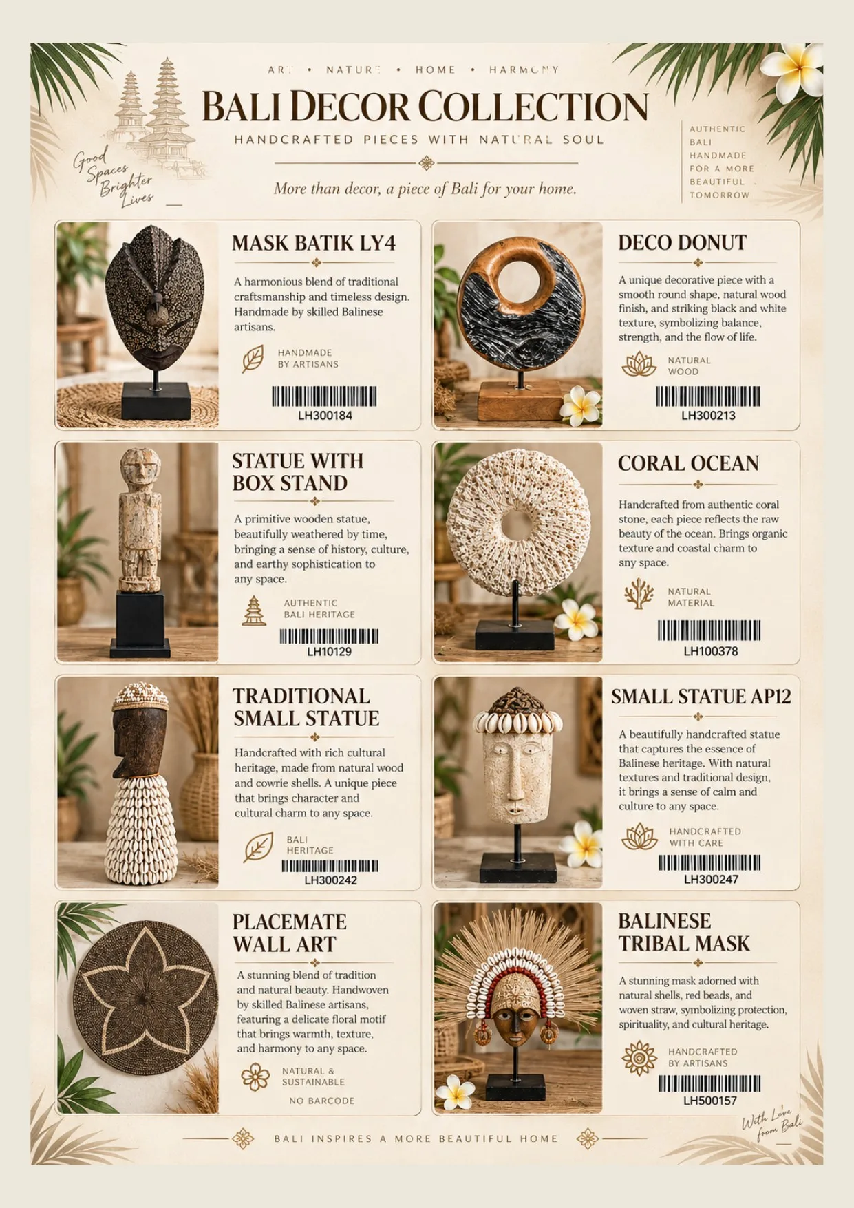Complete catalog page showing Bali Miniature Decor & Tribal Mask Collection